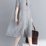 Artistic Retro Loose Split-Joint Plaid Buttoned Stand Collar Half Sleeves Midi Dress