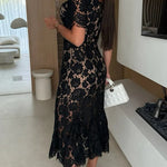 Jodie Flower Lace Sweet Heart Neck Short Sleeve Fishtail Midi Dress