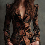Velvet Floral Print Blazer In Black And Bronze