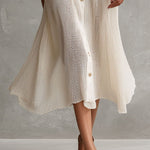 Quiet Luxury Ivory Cold-Shoulder Button-Front Midi Dress