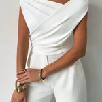 Short Sleeves Skinny Asymmetric Pleated Solid Color Split-Joint Asymmetric Neckline T-Shirts Tops