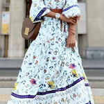 Lavender Flavor Printed Long Sleeve Button A-line Maxi Dress