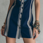 Retro Floral Print Striped Stand-collar Mini Dress