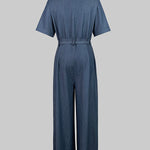 Short Sleeves Solid Color Tied Waist V-Neck Denim Jumpsuits