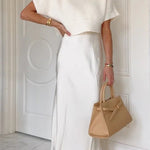 High Rise Solid Satin Midi Skirt