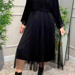 Fenna Ribbed Sequin Trim Batwing Sleeve Sweater and Pleated Tulle Stretch Tank Midi Dress Two-piece Set
