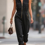 Loose Sleeveless Pockets Solid Color Zipper Lapel Jumpsuits