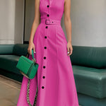 A-Line High Waisted Belted Buttoned Solid Color Lapel Maxi Dresses