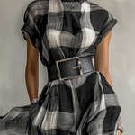 Women's Plaid Cotton Blend High Collar Short Sleeve Belt Maxi Dress