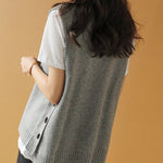 Simple Sleeveless Loose Buttoned Solid Color Round-Neck Sweater Vest Outerwear