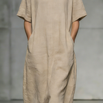 Women's Elegant, Natural-colored Cotton And Linen Blend Round-neck, Short-sleeved, Loose-fitting Long Dress