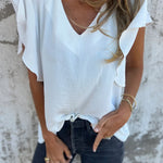 White Solid Color V-Neck Ruffle Short Sleeve Blouse