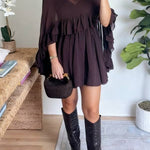High Neck Sheer Ruffle Trim Cape Mini Dress