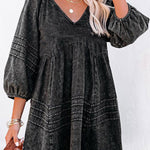 Black Dark Wash Empire Waist V Neck Denim Dress