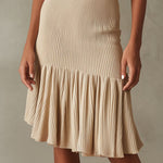 Elegant Soft Beige Ribbed Knit Pleated Ruffle Halter Midi Dress