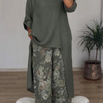 Linen Blend Crew Neck Long Sleeve Irregular Loose Top and Elastic Waist Floral Print Casual Pocket Set