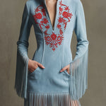 Western Retro Red Embroidered Blue Faux Suede Long-Sleeved Tassel Mini Dress