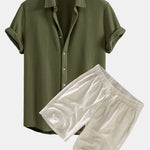 Waffle Button Up Shirt & Linen Cotton Blend Drawstring Shorts