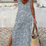 Gray Casual Leopard Print Side Slits Tank Maxi Dress