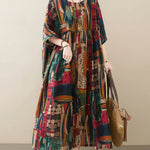 Vintage Loose Abstract Printed Pleated Round-Neck Half Sleeves Midi Dress