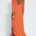 Fashion solid color V-neck three-quarter sleeves knitted long slit dress