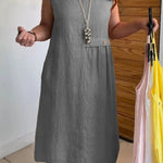 Linen Blend Solid Color Round Neck Sleeveless Loose Pocket Midi Dress