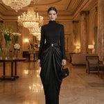 Long Sleeves Buckle Draped High-Neck Evening Dresses Maxi Dresses
