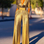 High Waisted Three-Quarter Sleeves Shiny Solid Color Deep V-Neck Jumpsuits Bottoms