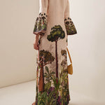 Flared Sleeves Loose Leaves Print V-Neck Maxi Dresses