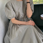 Original Loose Solid Color Pleated Puff Sleeves Midi Dress