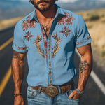 Men's Spring/Summer Fashion Retro Western Style Suede Embroidered Short Sleeve Shirt