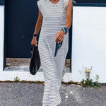 Black Stripe Chest Pocket Shoulder Padded Sleeveless Long Dress