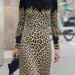 High Waisted Long Sleeves Contrast Color Leopard Printed Split-Joint Round-Neck Maxi Dresses