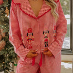 Nutcracker Charm Embroidered Gingham Loose Shirt and Elastic Waist Pajama Set