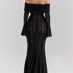 Floral Lace Off Shoulder Flare Sleeve Fishtail Maxi Dresses-White