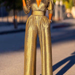 High Waisted Three-Quarter Sleeves Shiny Solid Color Deep V-Neck Jumpsuits Bottoms