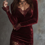 Sparkling Velvet Lace-Trim Mini Dress – Spiced Wine Red