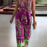 Unique Printed V-Neck Sleeveless Waist Tie Jumpsuit