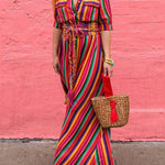 Long Sleeves Loose Split-Joint Striped Lapel Maxi Dresses Shirt Dress