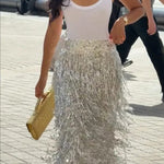 Evening Charm Layered Sequined Tassels High Rise Back Zipper Slit Midi Skirt