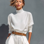 Women's All White Half High Neck Long Sleeve Loose T-shirt Wide Legs Two-piece Set