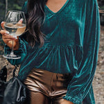 Sea Green Velvet V Neck Puff Sleeve Peplum Blouse