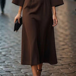 Loose Three-Quarter Sleeves Pleated Solid Color Split-Joint Round-Neck Midi Dresses