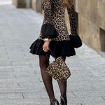 Street Elegant Leopard Patchwork Ruffle Half A Turtleneck Mini Dresses