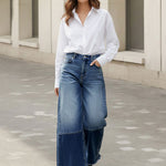 High Waisted Wide Leg Contrast Color Fringed Split-Joint Jean Pants Bottoms