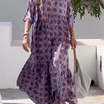 Ibiza Fashion Print Loose V Neck Long Sleeve Long Dress