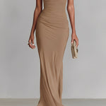 Women's Taupe Stretch Jersey Dress With Halter Neck & Ruched Bodice, Timeless Romantic-Luxe Style Dress