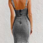 This Seasons Staple Denim Adjustable Straps Zip-up Firm Stretch Midi Dress
