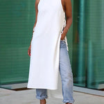 High-Low Loose Lace-Up Solid Color Split-Joint Split-Side Round-Neck Vest Top