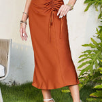 High-waist slimming zip-ruched satin skirt